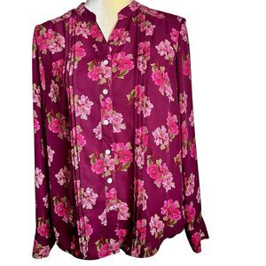 Nanette Nanette Lepore Floral Button Down Top Sz M Maroon And Pink Long Sleeves